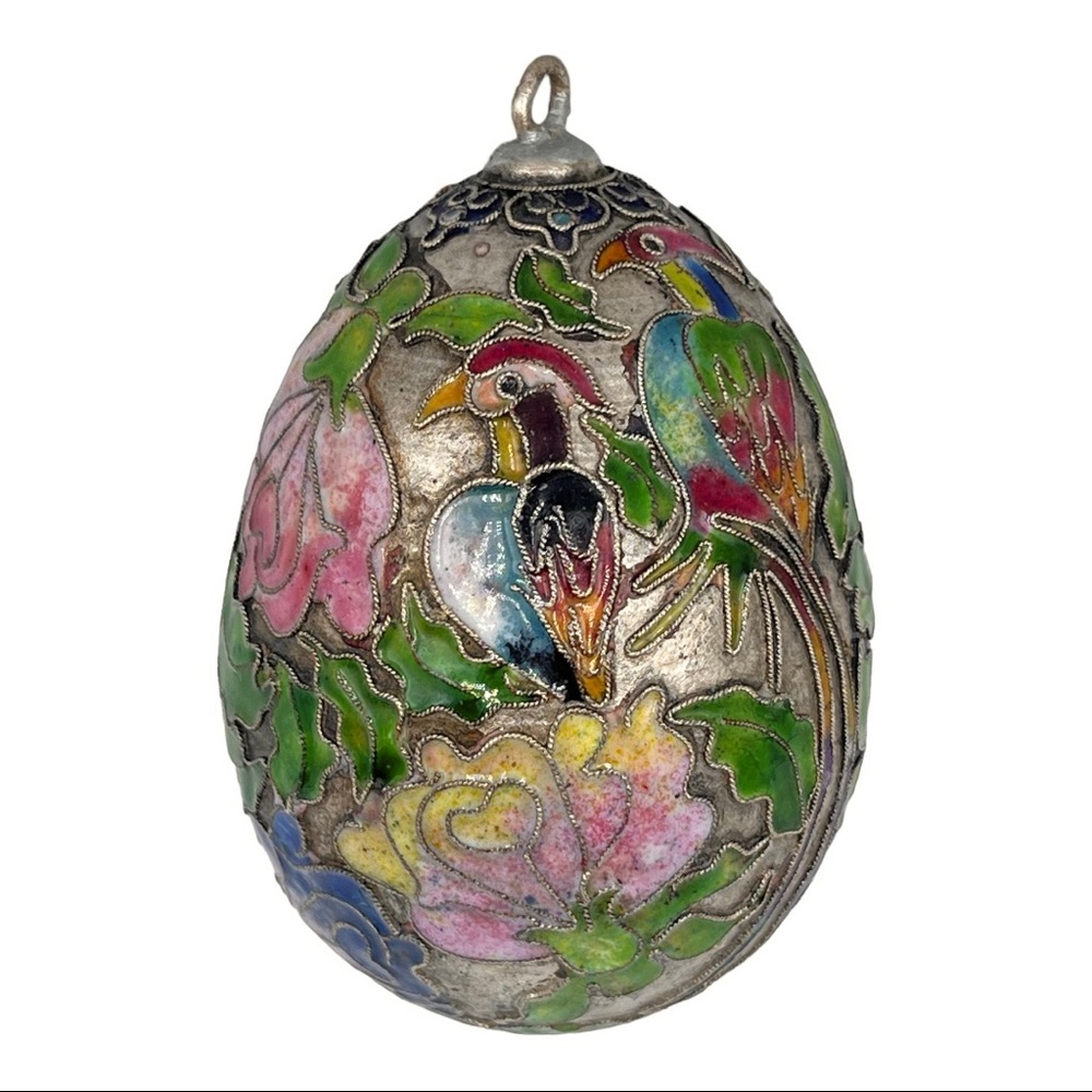 Vintage Faberge Cloisonné  Enamel Heaven Bird Flower Silver Large Egg Ornament
